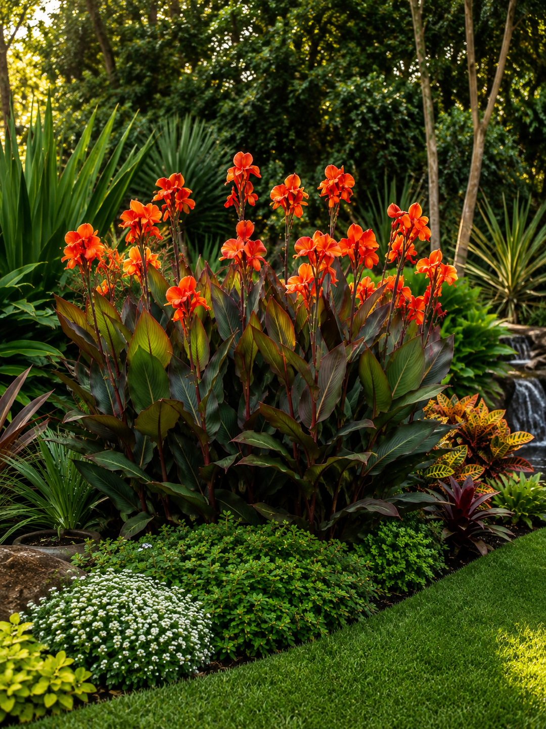 A lush garden bed featuring a prominent cluster of bright orange canna lilies with dark green to burgundy leaves, surrounded by various green shrubs, small white flowers, and a grassy lawn in the foreground.