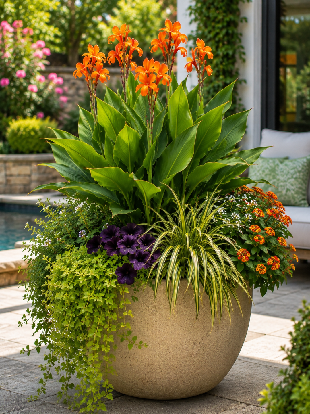 A large round beige planter filled with a lush garden arrangement, including canna lililies with bright orange flowers, green foliage, purple flowers, and trailing greenery, set on a stone patio near a poolside outdoor seating area.