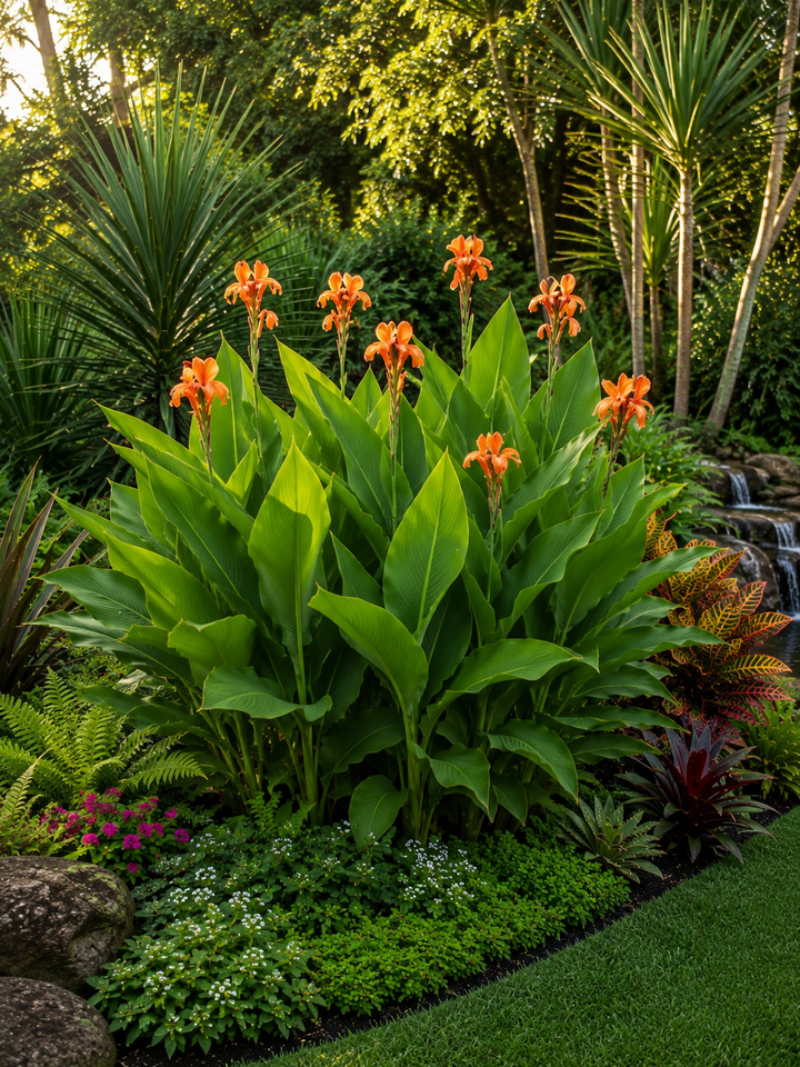 A lush garden bed featuring a prominent cluster of orange canna lilies with large green leaves, surrounded by small white flowers, pink blossoms, and tropical foliage under warm sunlight.