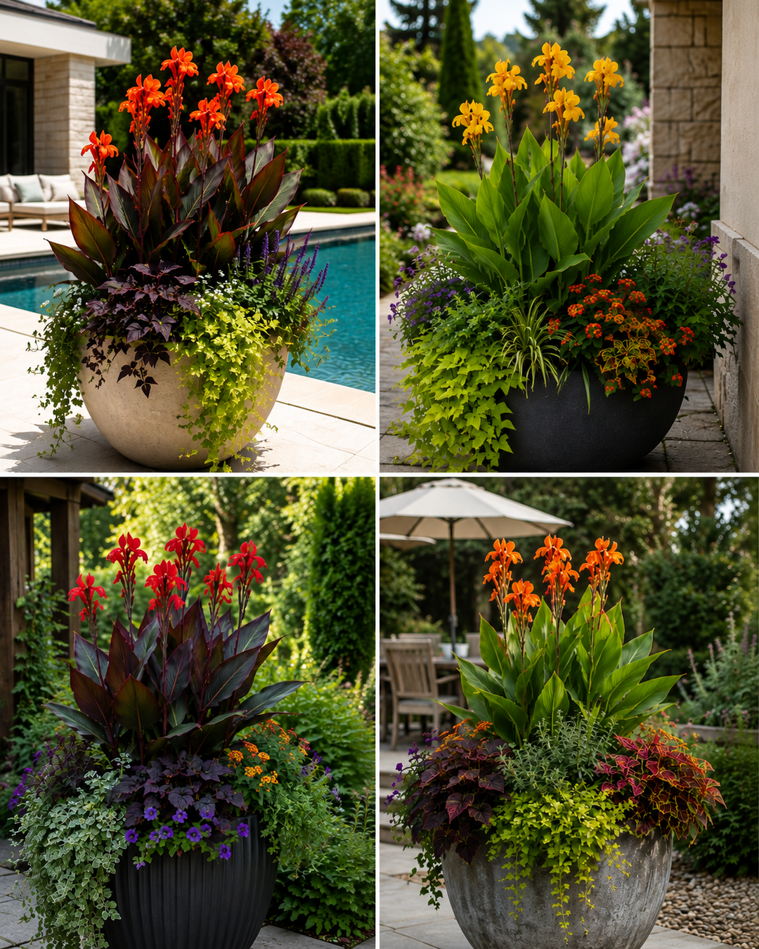 Garden planter arrangements, featuring large pots with ornamental foliage and flowers including canna lillies, orange flowers, green and burgundy leaves, and trailing plants, set in outdoor garden and poolside environments.