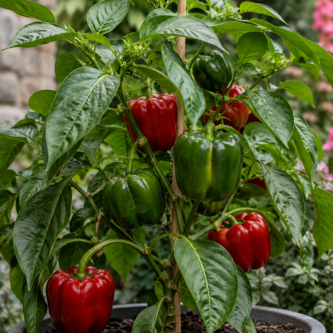 A pepper plant with green leaves and several bell peppers, including ripe red pepper hanging in front of others still green, set in a garden pot.