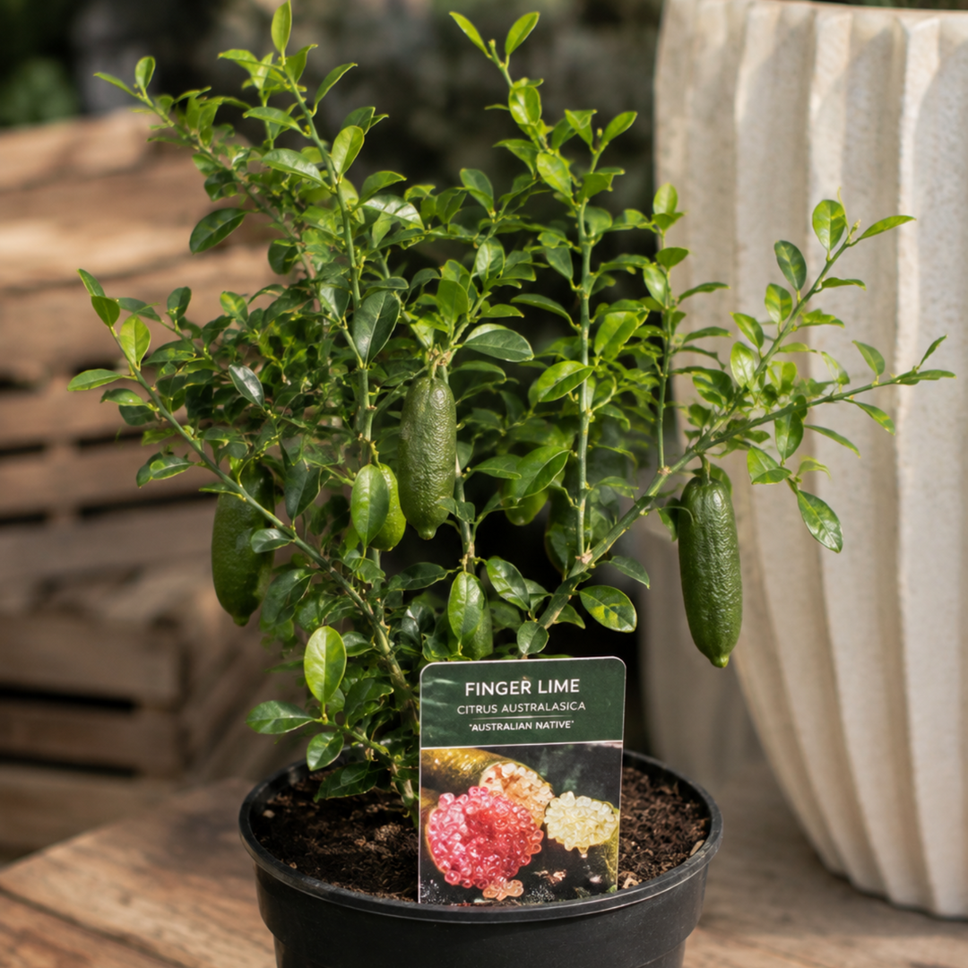 A potted Finger Lime plant with green leaves and small lime fruits, in a black nursery pot with a product label, set on a rustic wooden surface.