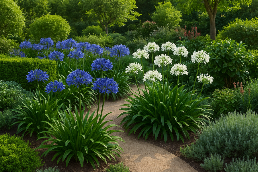 Garden with blue agapanthus and white agapanthus