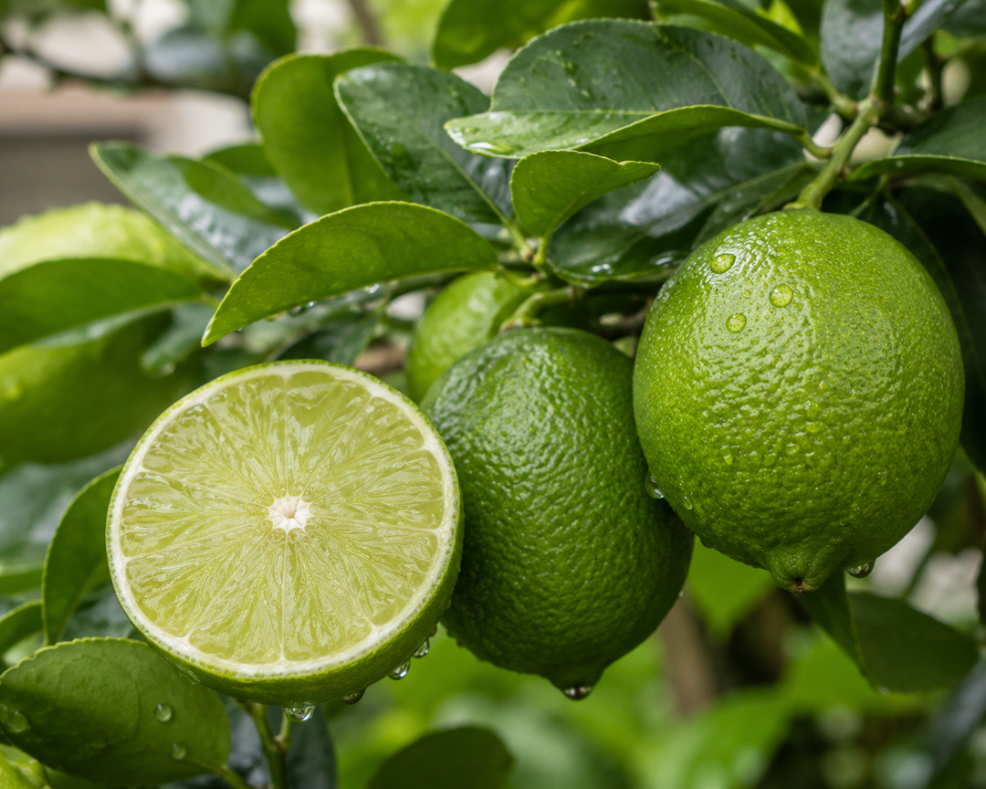 Fresh green tahitian limes on a tree, with one lime cut in half to show the juicy segmented interior.