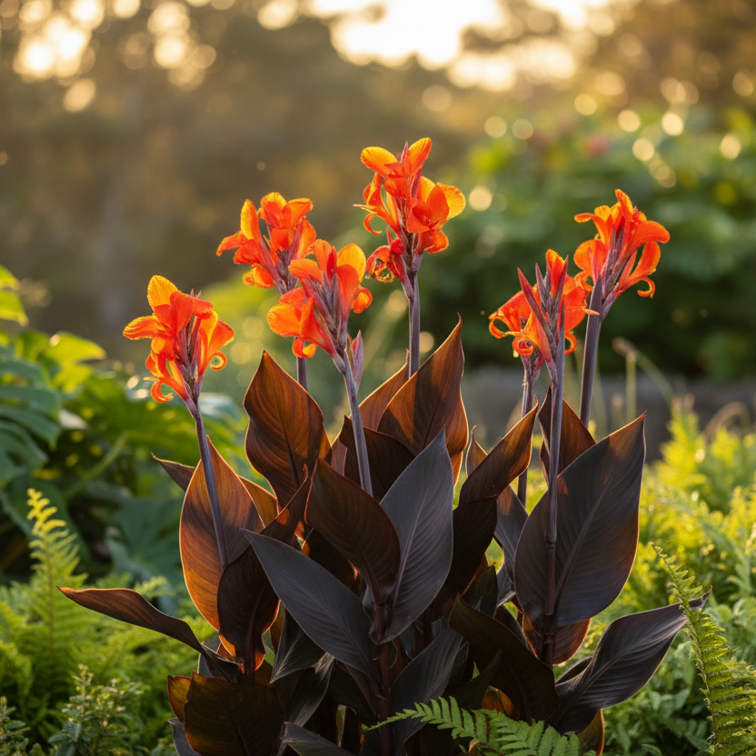 Vibrant orange canna lilies with dark burgundy-purple leaves growing in a lush garden bed during golden hour, surrounded by greenery