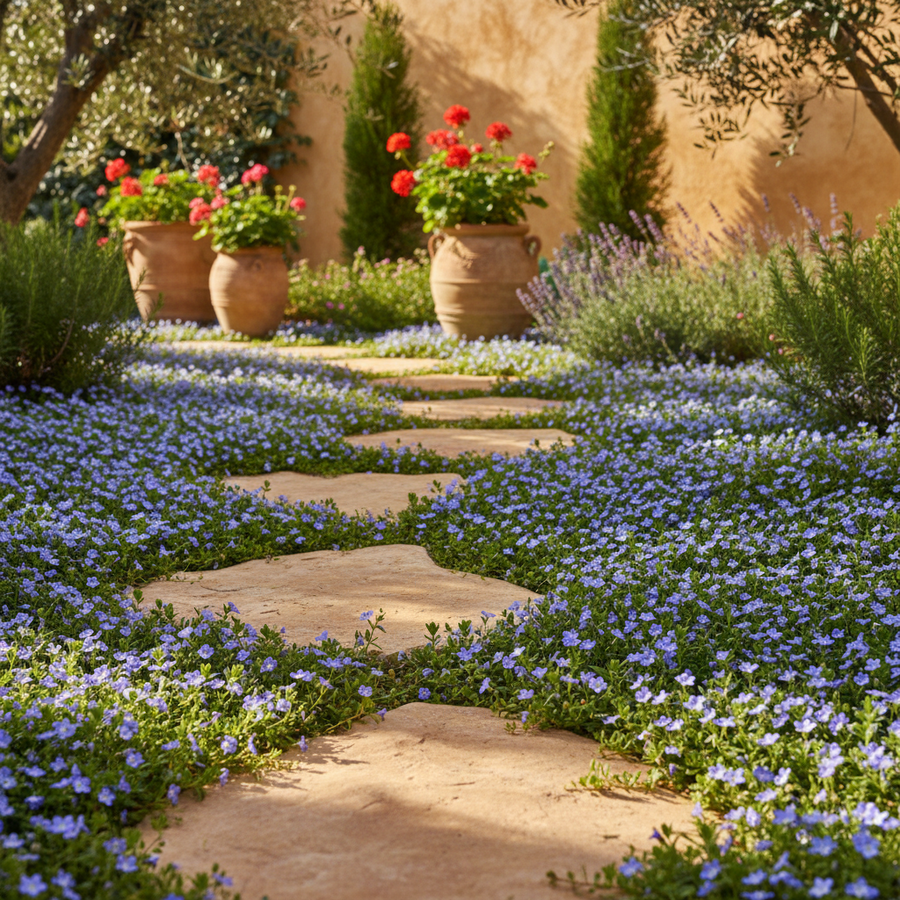 blue star creeper growing as ground cover around stepping stones